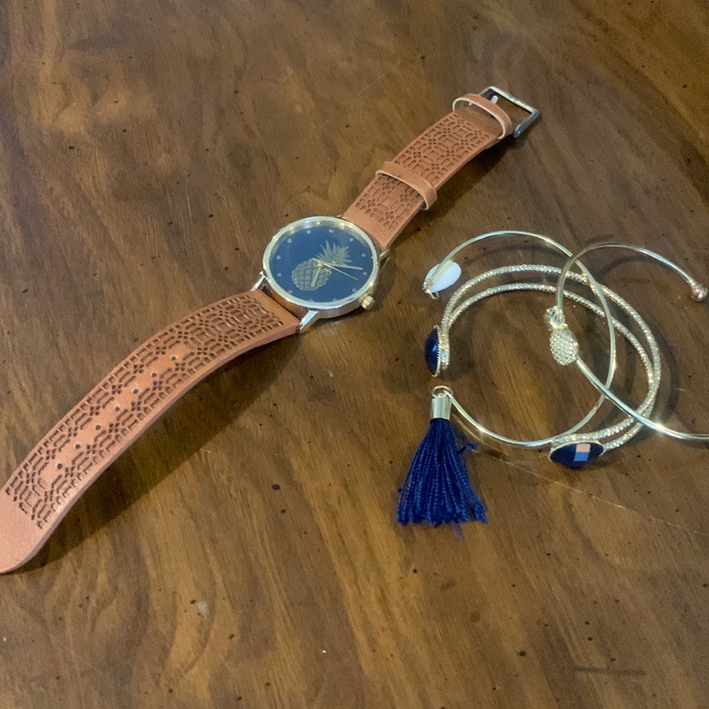 Gold and Navy Pineapple Watch with Cuff Bangles